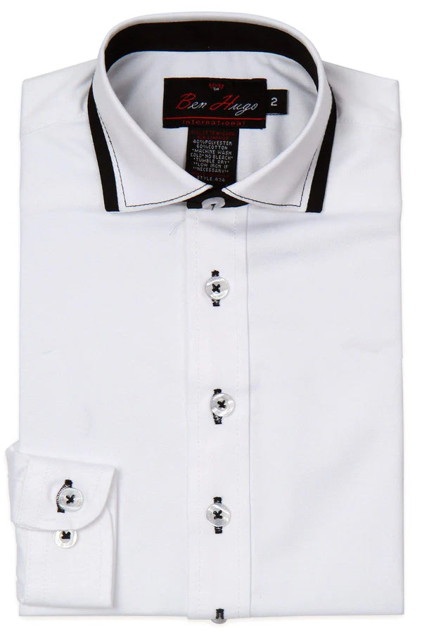 Ben Hugo Boys White Cotton Shirt w/ Trim - Wrinkle Resistant - 474 -