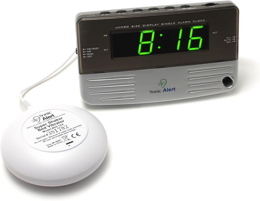 Sonic Boom Alarm Clock w/ Vibrator - Silver/Green Numbers - SB200SS