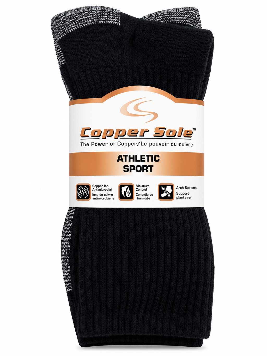 Copper Sole Black Crew Socks  - 4 Pack -