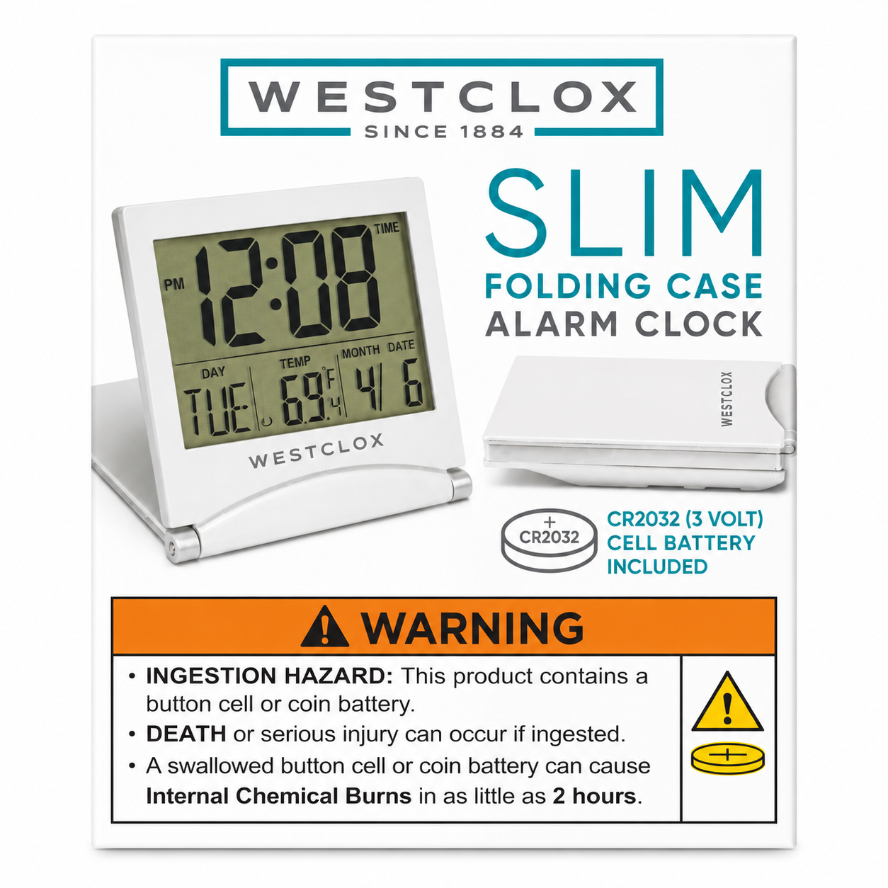 Westclox Large Display Slim Folding Travel Alarm Clock - 72097 -