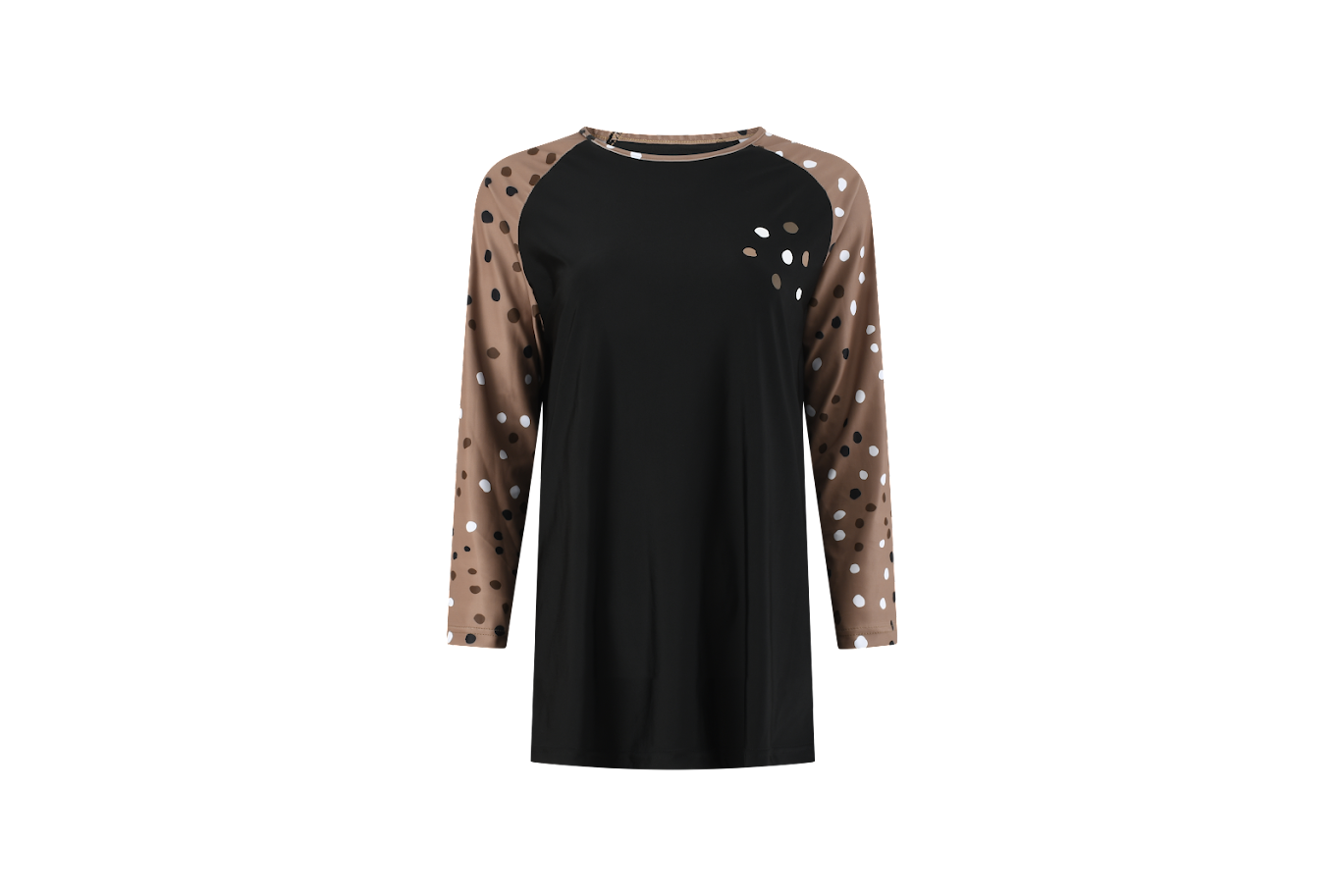 LandsKid Ladies Swim Coverup Tee - Black & Camel w/ Polka Dots -