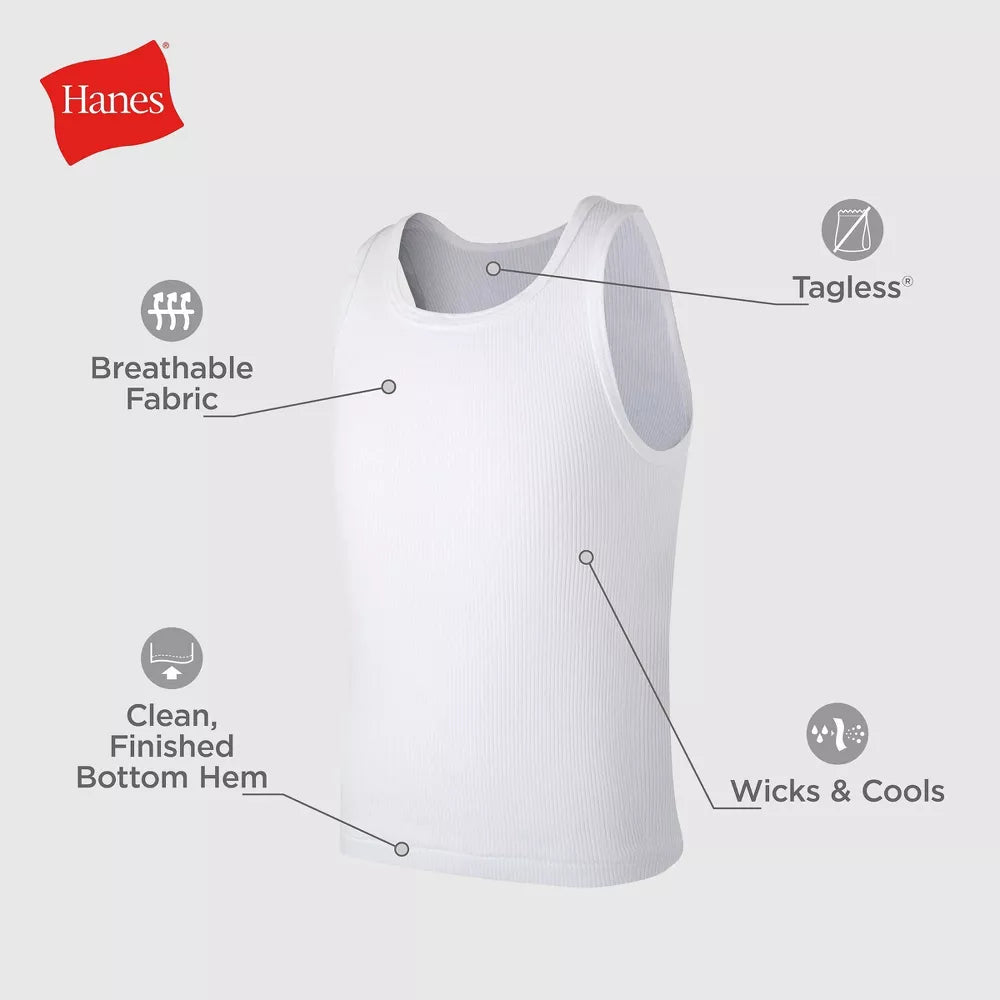 Hanes Boys 100% Cotton White Ribbed Sleeveless Undershirt - 3 Pack - B3723N -