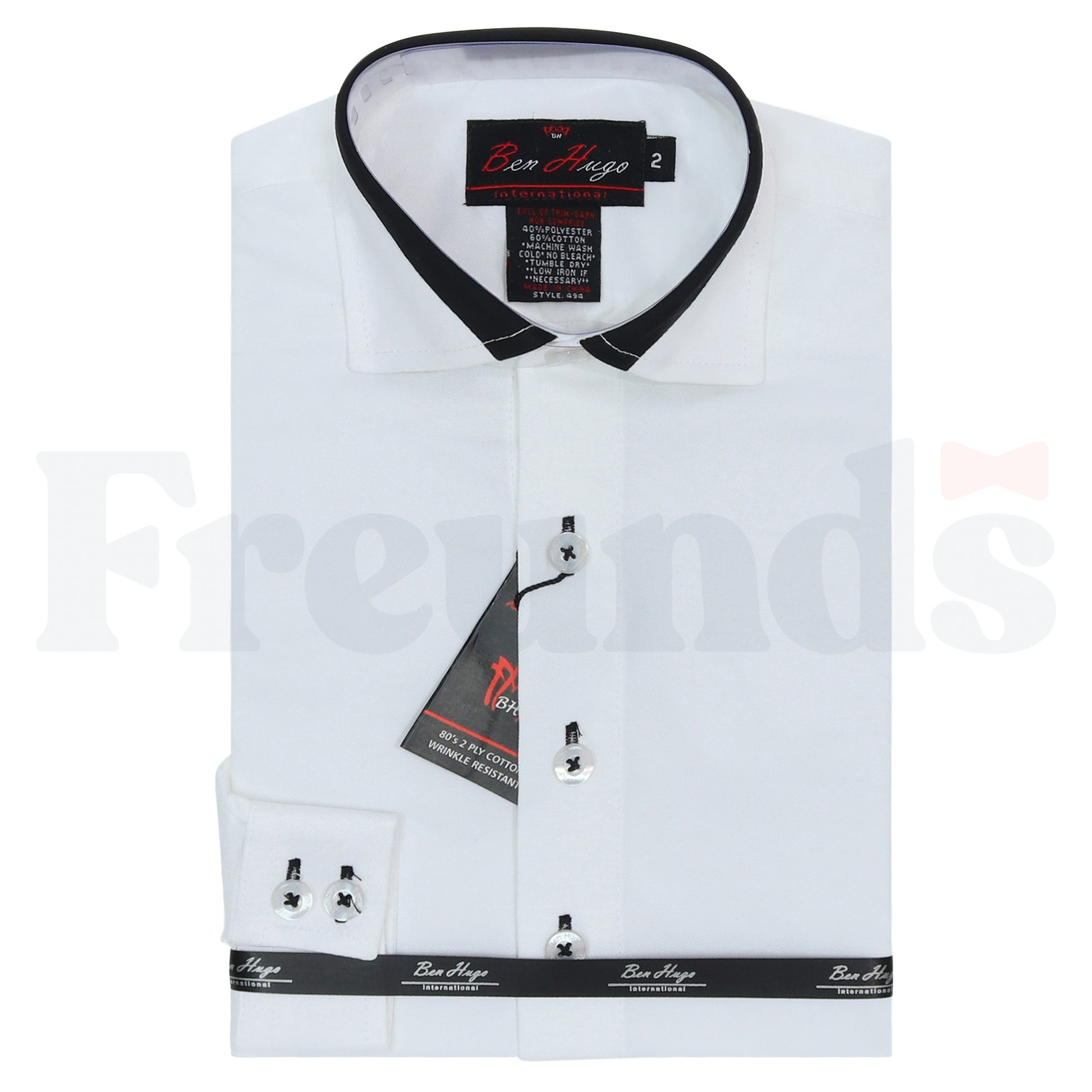 Ben Hugo Boys White Cotton Shirt w/ Trim - Wrinkle Resistant  - 494 -