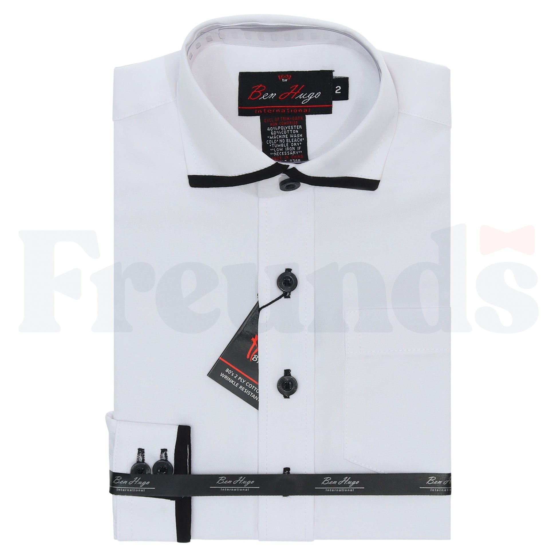 Ben Hugo Boys White Cotton Shirt w/ Trim - Wrinkle Resistant  - 478R -