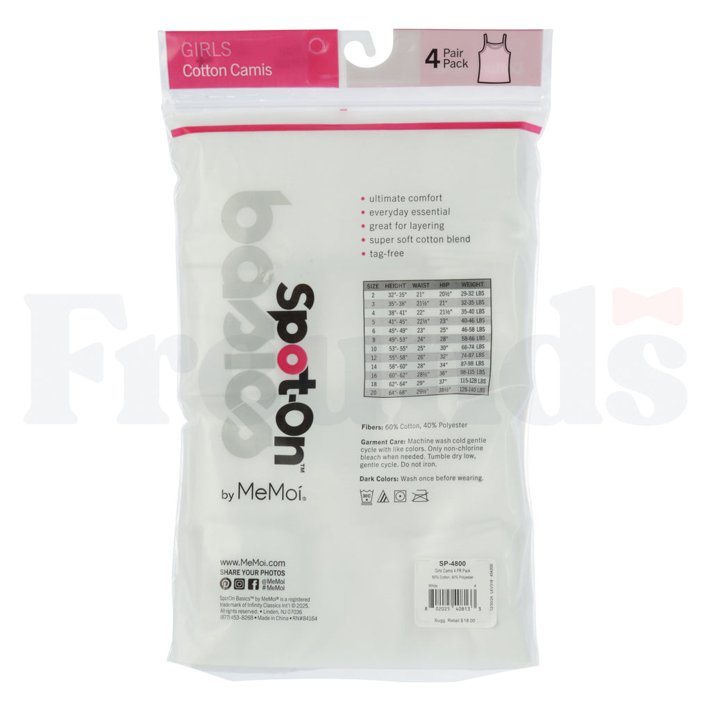 Spot-On Basics Girls Spaghetti Strap Undershirts - SP-4800 - 4 Pack -