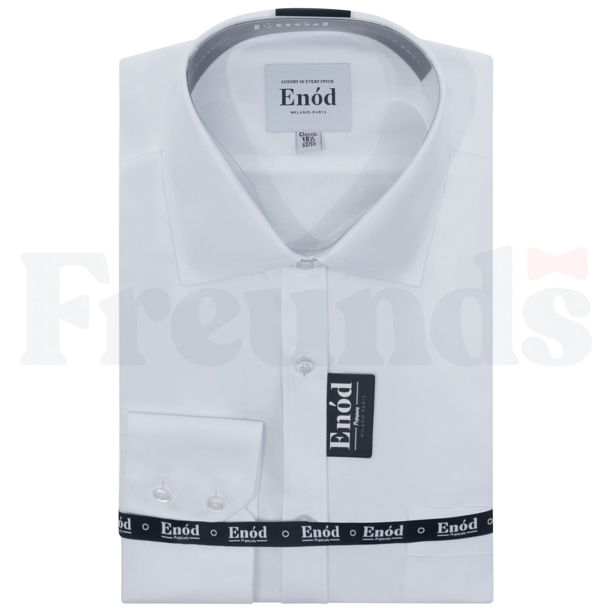 Enod Mens 100% Cotton White Shirt - Fine Twill - Classic Fit - Right Over Left - 091 -