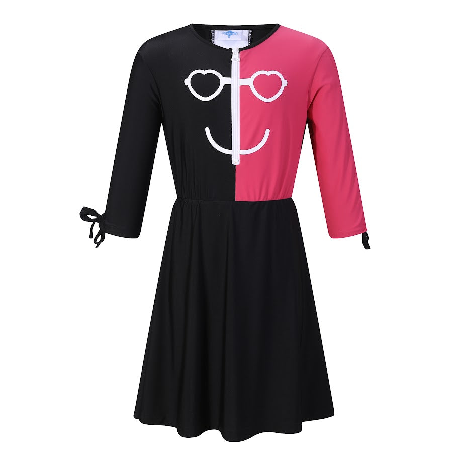 Abstract Girls Swim Dress - Black & Pink Heart Design -