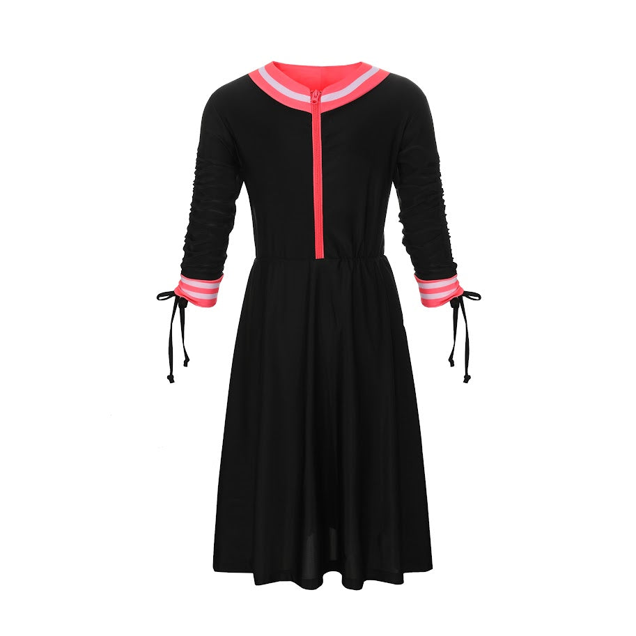 Landskid Ladies Swim Dress - Black W/ Varsity V-Neck Design - Long Sleeve -