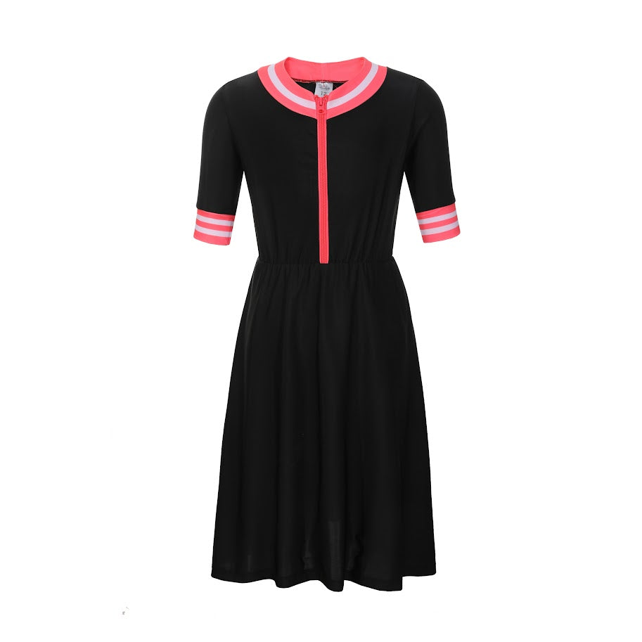 Landskid Ladies Swim Dress - Black W/ Varsity V-Neck Design - Short Sleeve -