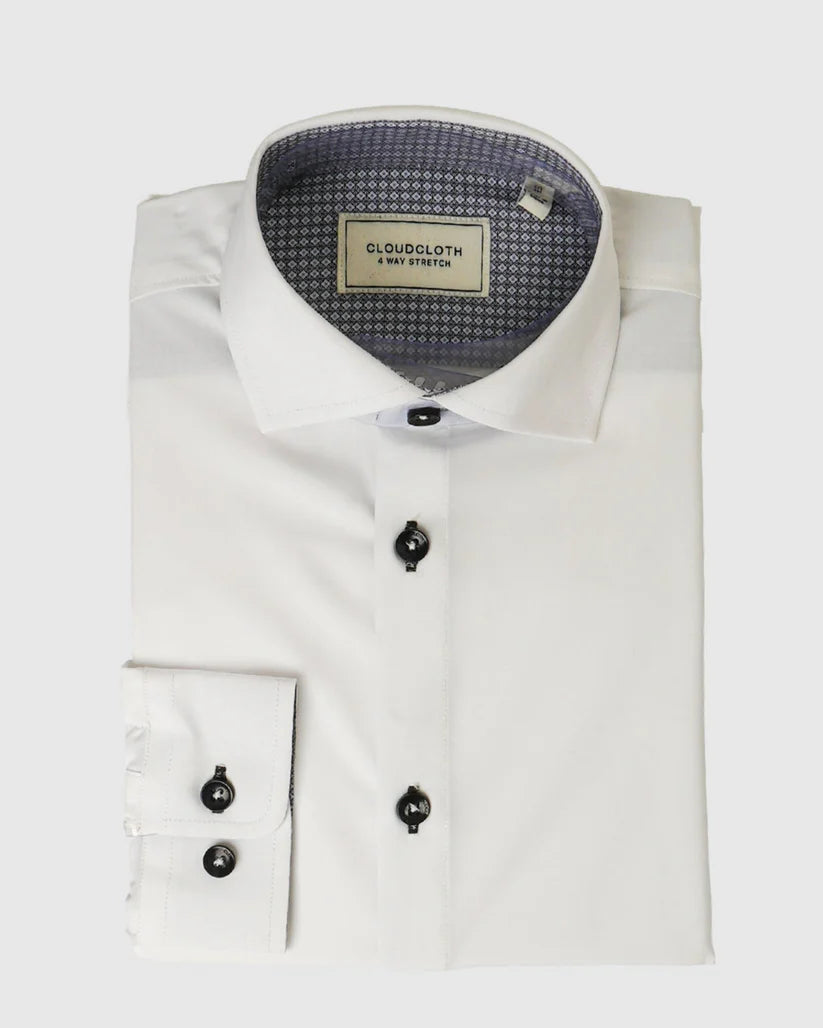 Cloudcloth Boys Stretch White Contrast Shirt - Button Cuff - Classic Fit -