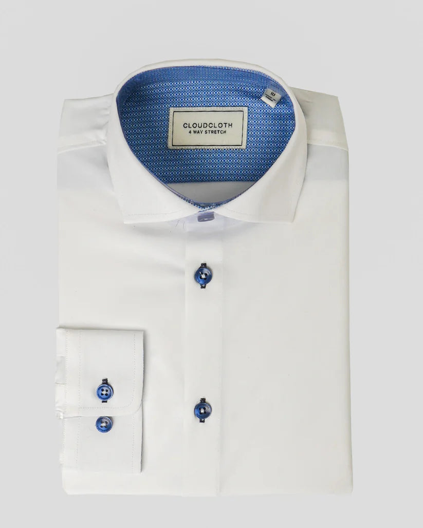 Cloudcloth Boys Stretch White Contrast Shirt - Button Cuff - Classic Fit -