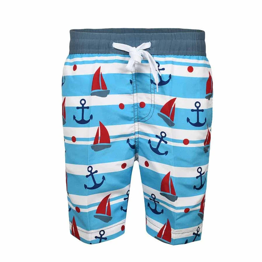Abstract Boys Swim Pants - Royal Blue Sailboat & Anchors -