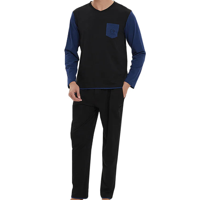 Ven Dave V-Neck Knit Pajamas - Black & Navy - V07 -