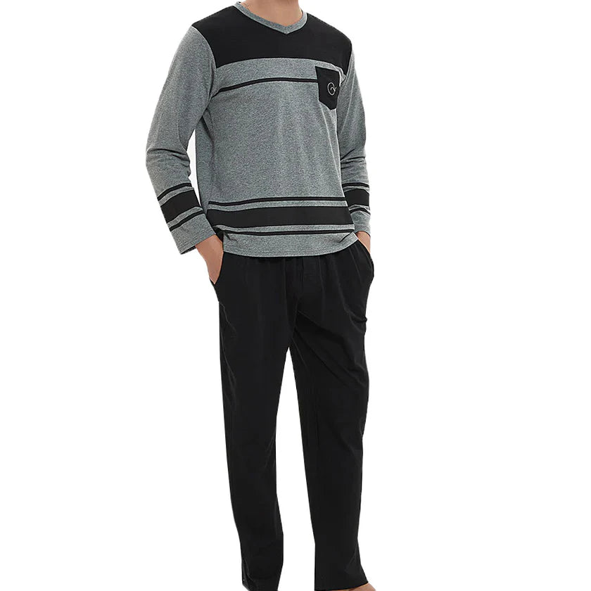 Ven Dave V-Neck Knit Pajamas - Black & Grey Lines - V09T -
