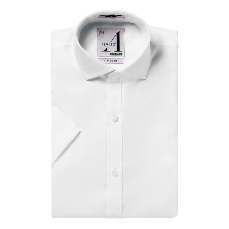 Alviso Boys 100% Cotton Non Iron White Shirt - Short Sleeve - Husky Fit -