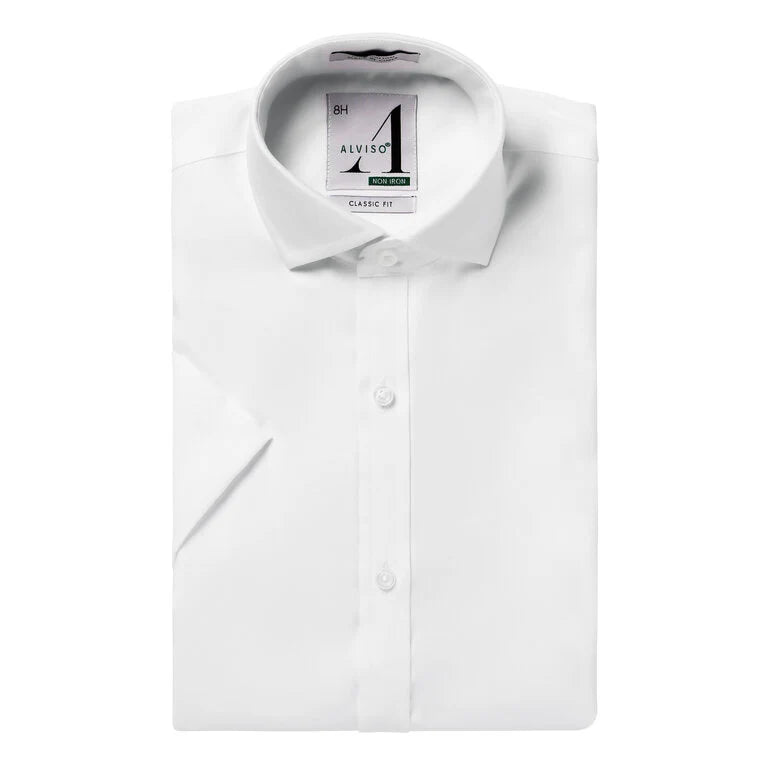 Alviso Boys 100% Cotton Non Iron White Shirt - Short Sleeve - Classic Fit -