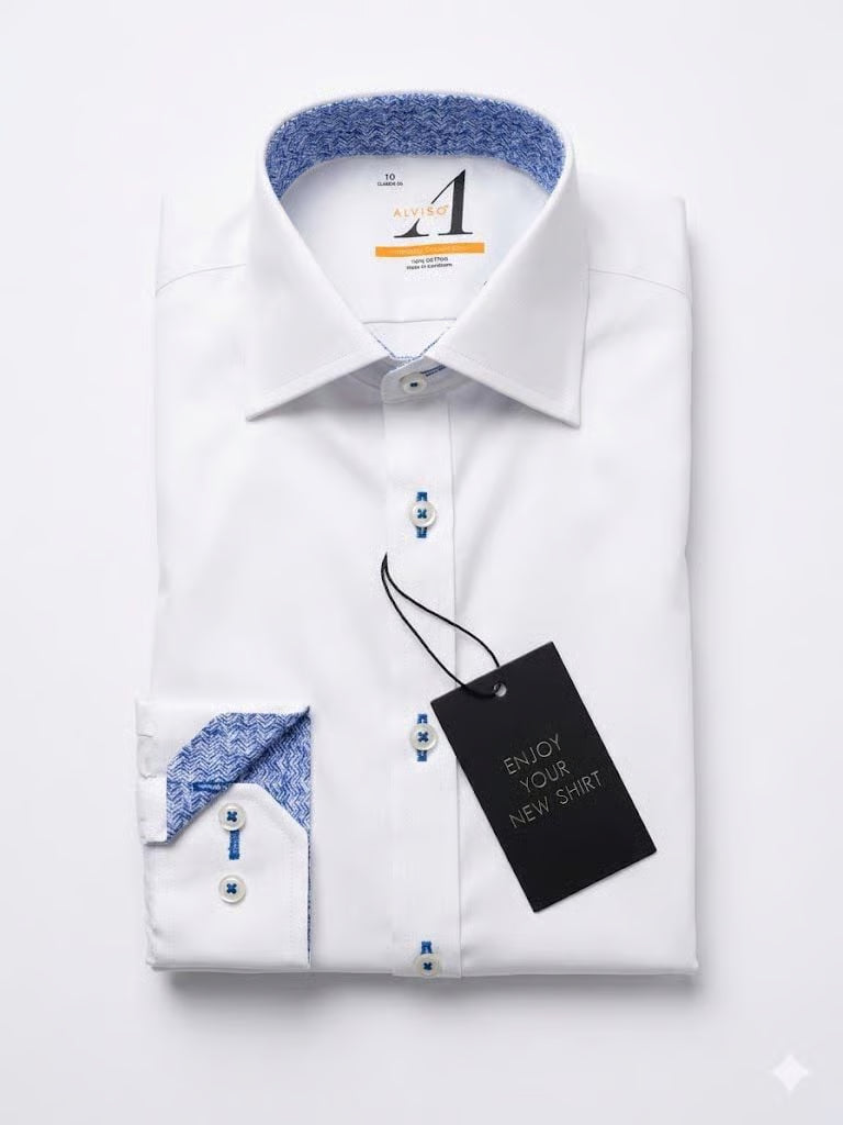 Alviso Boys Contrast White Shirt - Button Cuff - Blue Weave - 4580 - SS26 -