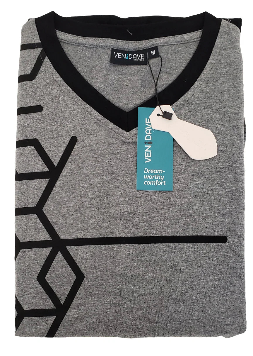 Ven Dave Mens V-Neck Mens Knit Pajamas - Grey & Black-Desing - V18 -