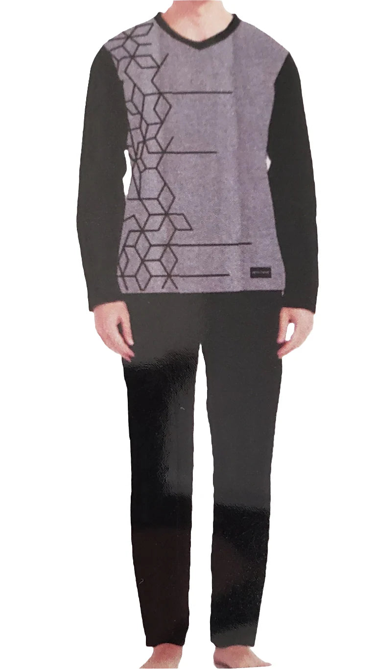 Ven Dave Mens V-Neck Mens Knit Pajamas - Grey & Black-Desing - V18 -