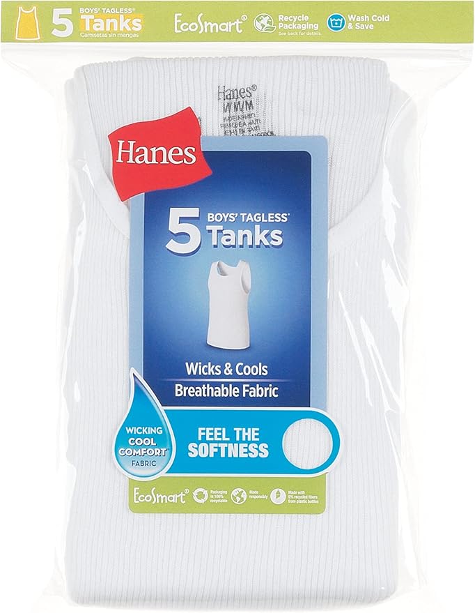 Hanes Boys White Ribbed Sleeveless Undershirt - 5 Pack - BRLTA5 -