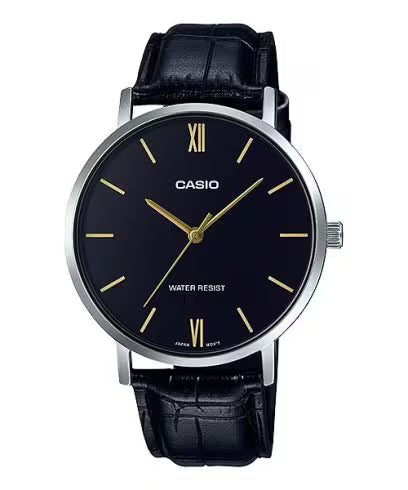 Casio Mens Black Leather Watch - Silver