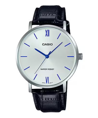 Casio Black Leather Watch - White/Blue