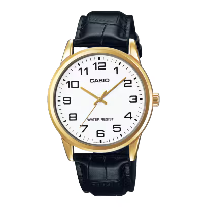 Casio Mens Black Leather Watch - White/Gold