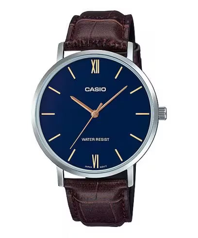 Casio Mens Brown Leather Watch - Silver