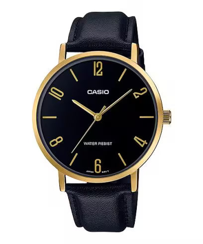 Casio Mens Black Leather Watch - Gold