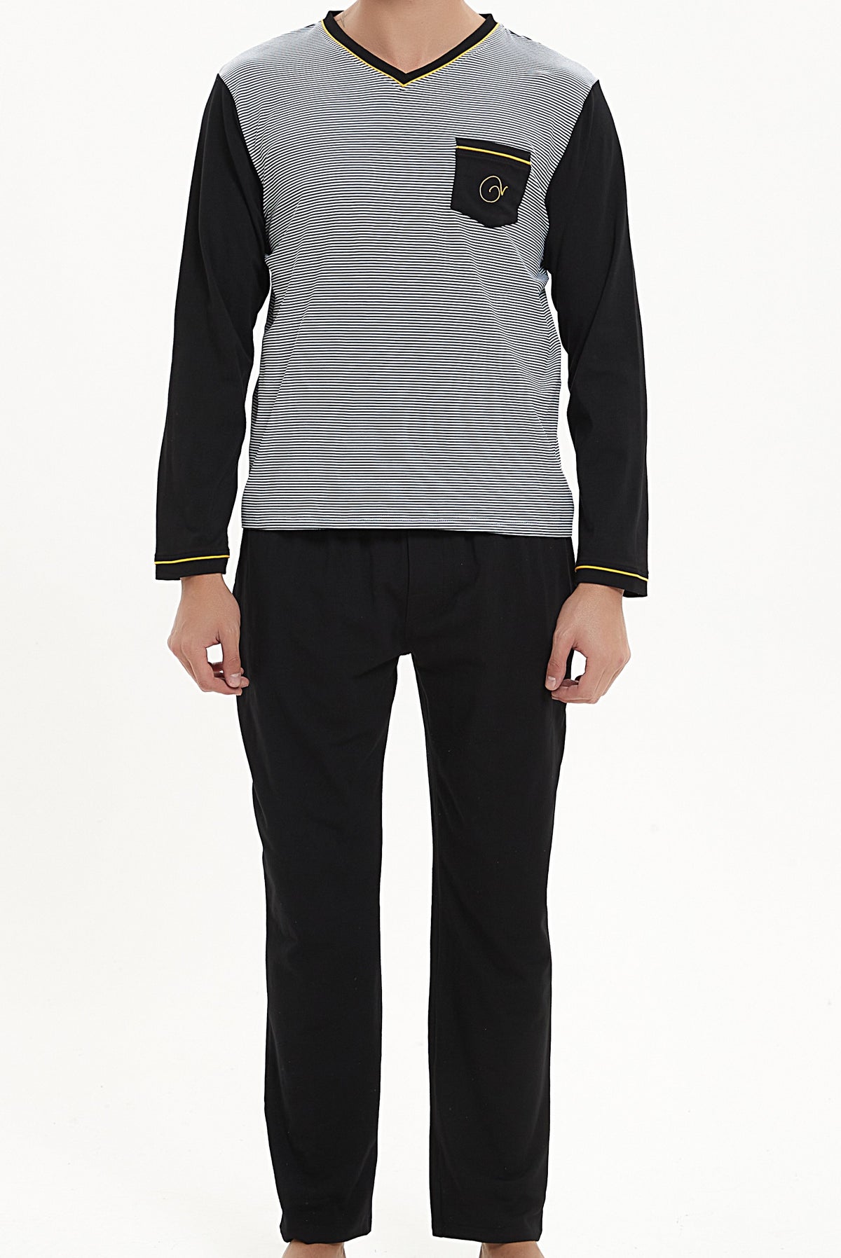Ven Dave V-Neck Knit Pajamas - Black & Yellow Stripe - V10 -