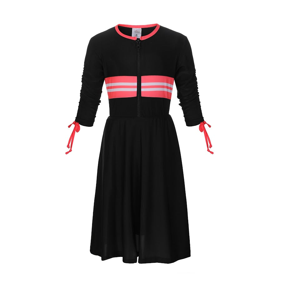 Landskid Girls Swim Dress - Black W/ Varsity Chest Design - Long Sleeve -