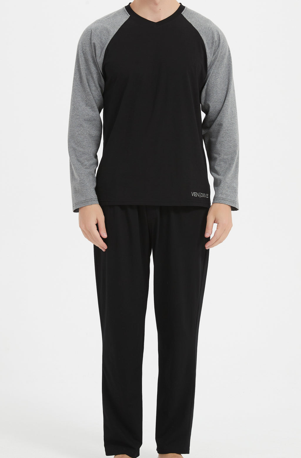 Ven Dave V-Neck Knit Pajamas - Black & Grey - V06 -