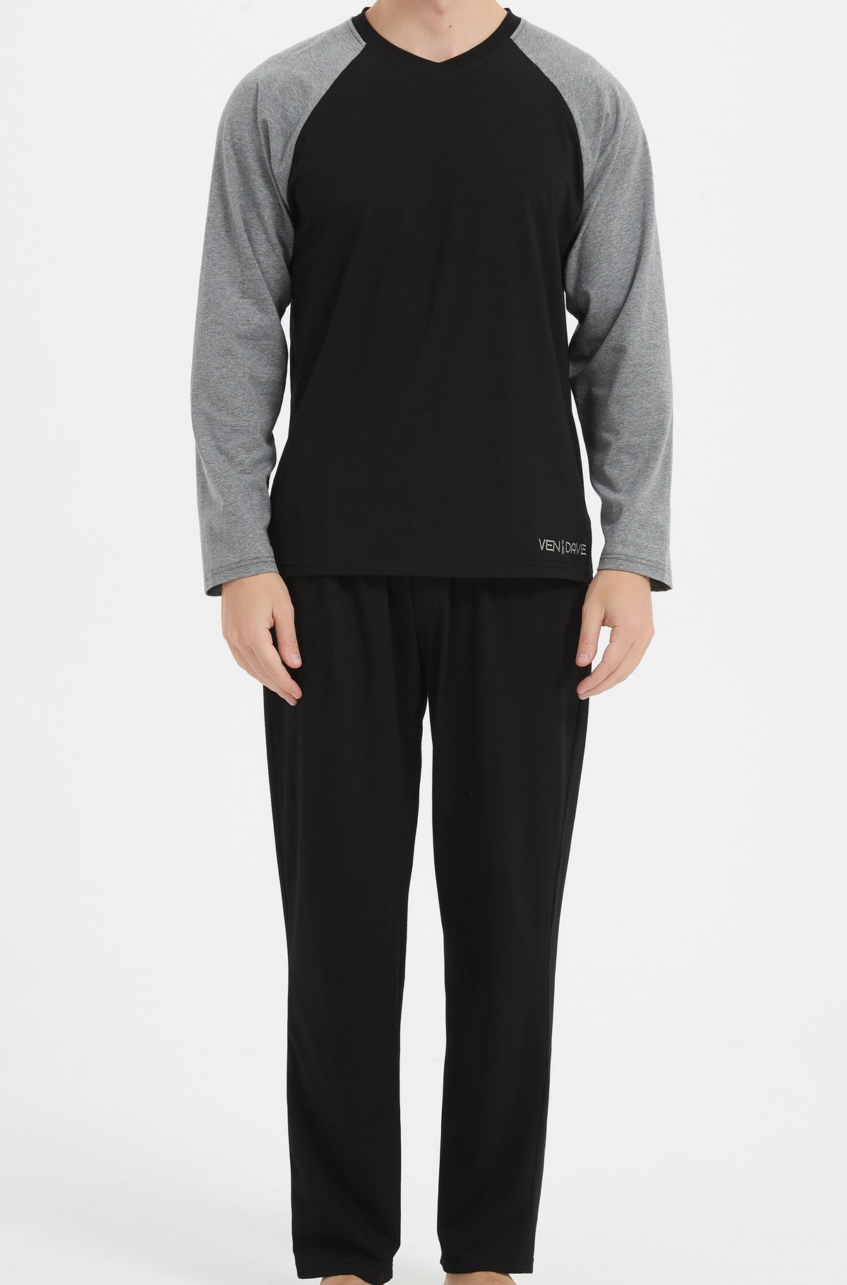 Ven Dave V-Neck Knit Pajamas - Black & Grey - V06 -