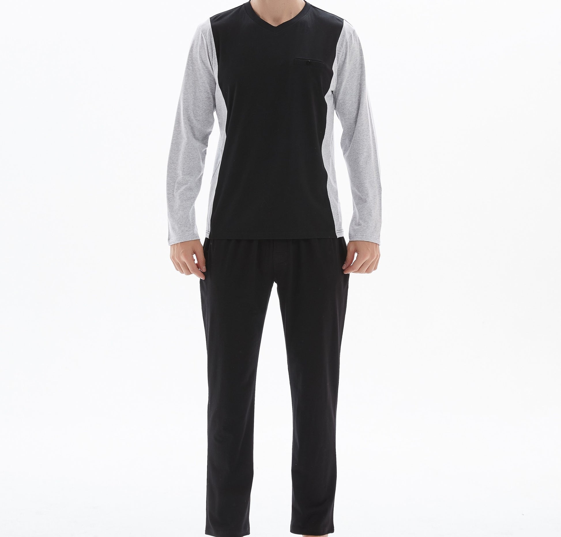 Ven Dave V-Neck Knit Pajamas - Black & Light Grey - V05 -