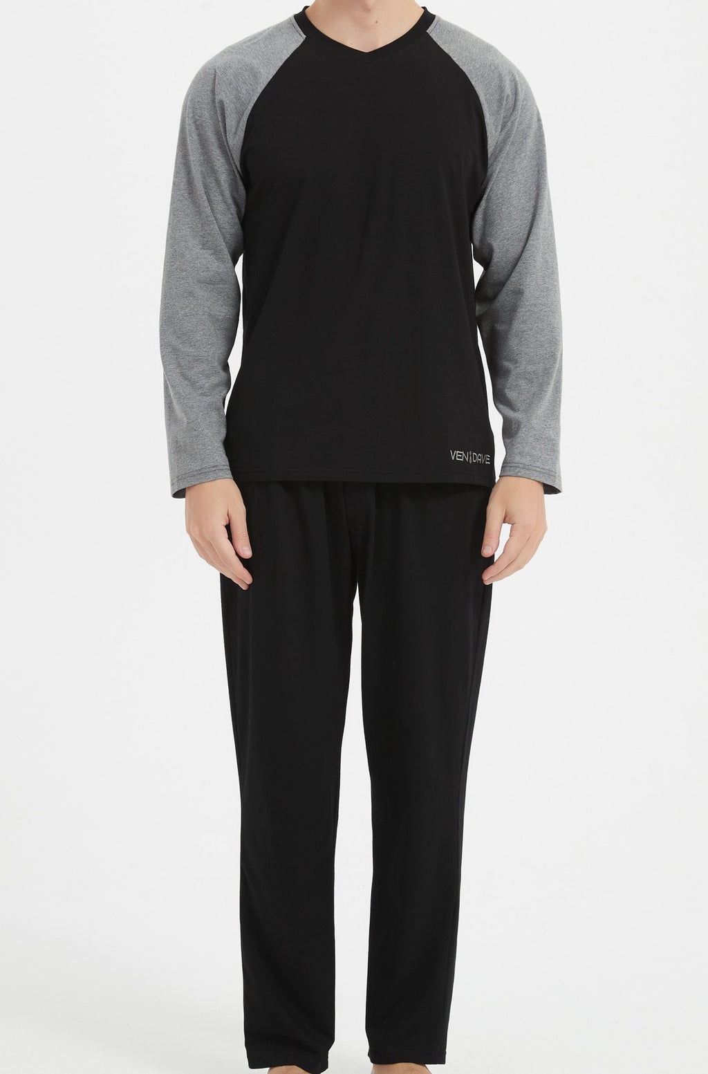 Ven Dave V-Neck Knit Pajamas - Black & Grey - V06 -