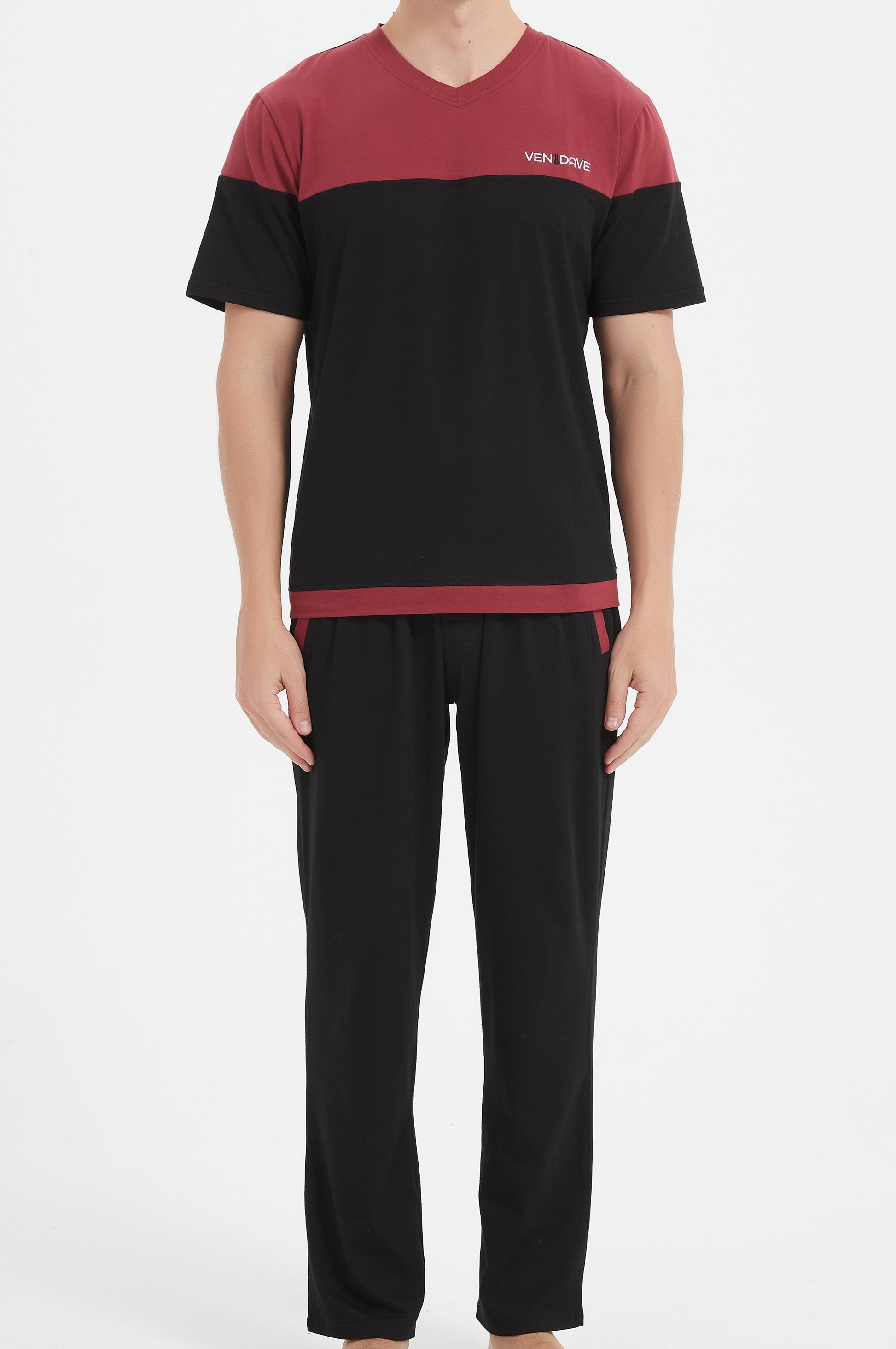 Ven Dave Mens V-Neck Mens Knit Short Sleeve Pajamas - Maroon & Black - S05 -